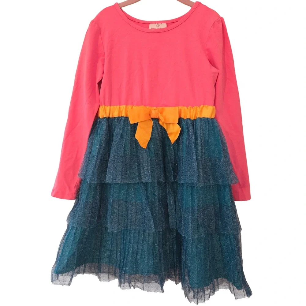 Hanna Andersson Girls Pink Teal Tulle Tiered Dress Metallic Size 120‎ US 6-7